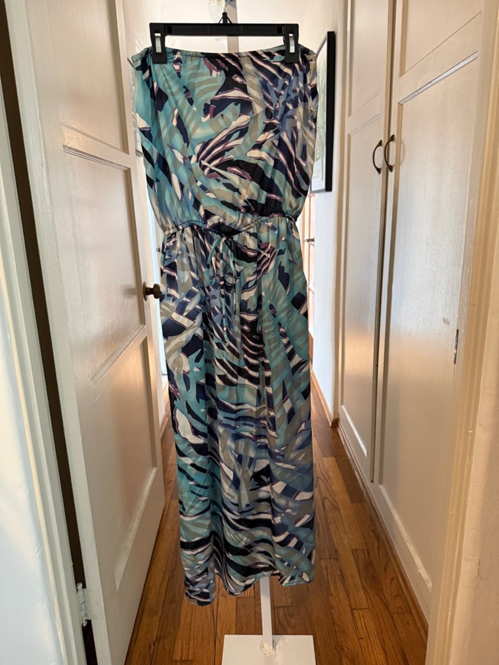 Strapless Blue & Teal Abstract Midi Dress